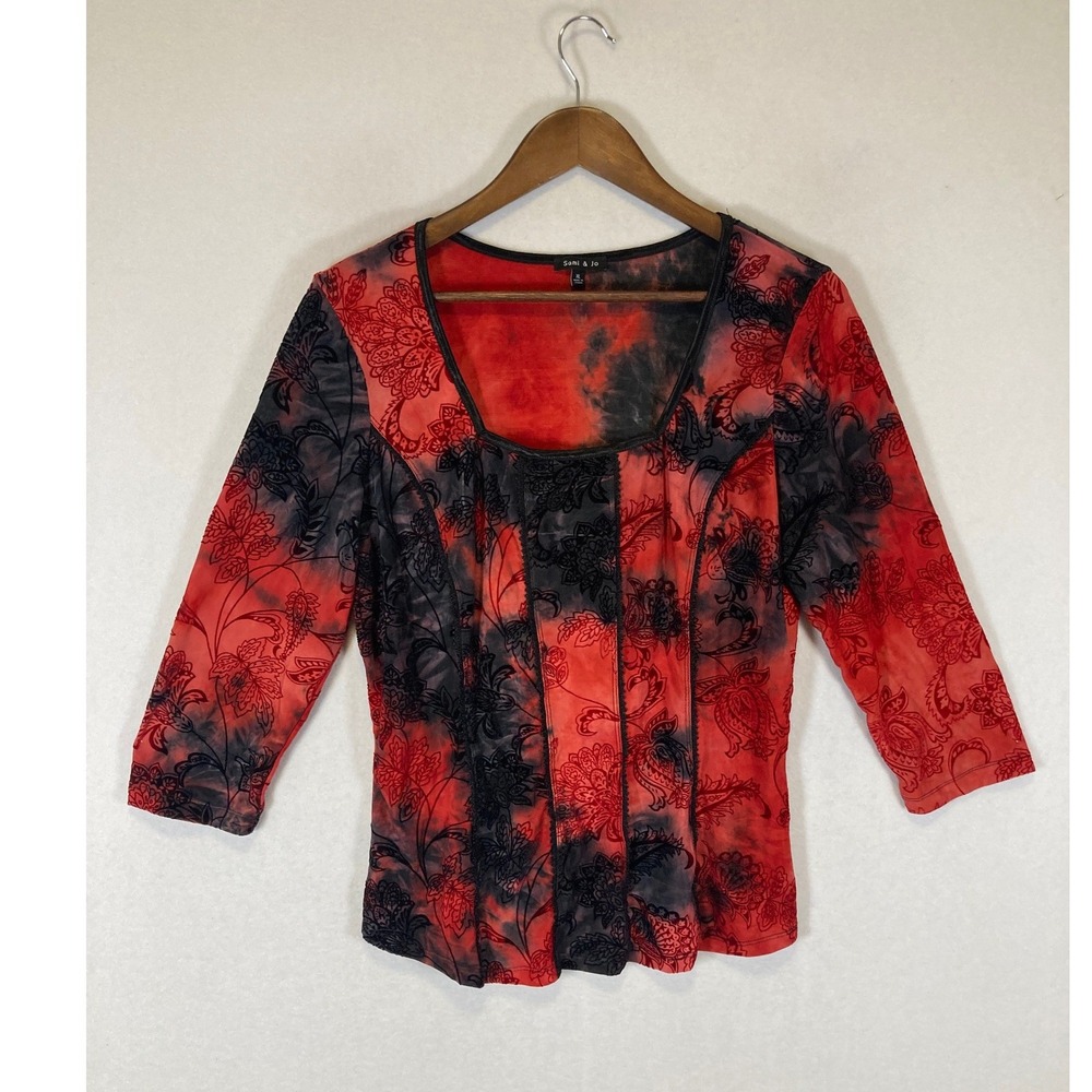 Whimsigoth Sami & Jo Women XL Red Black Tie Dye Floral Burnout 3/4 Sleeve Blouse
